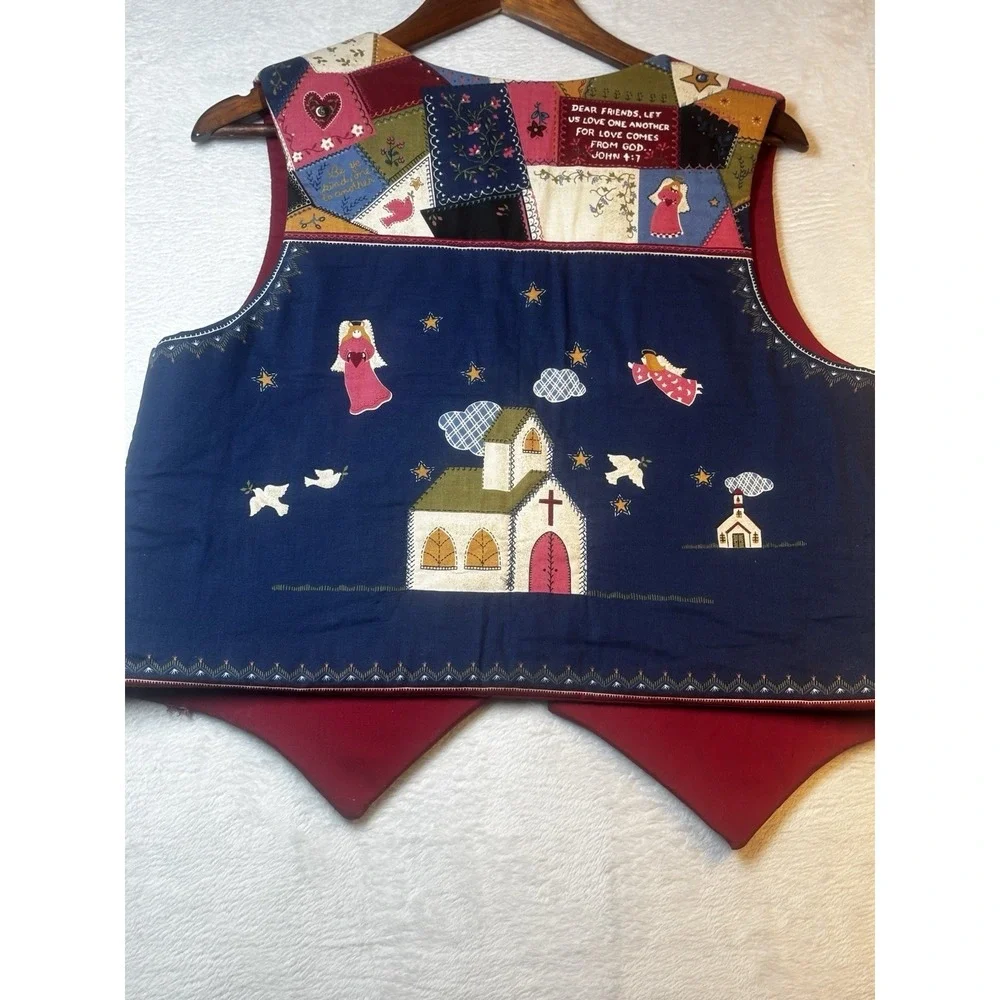 Christmas Patchwork‎ Vest Blue Red Religious Scripture Handmade